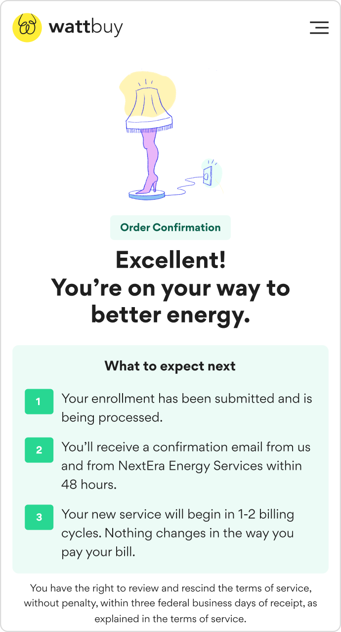 Order confirmation screen with spot illustration